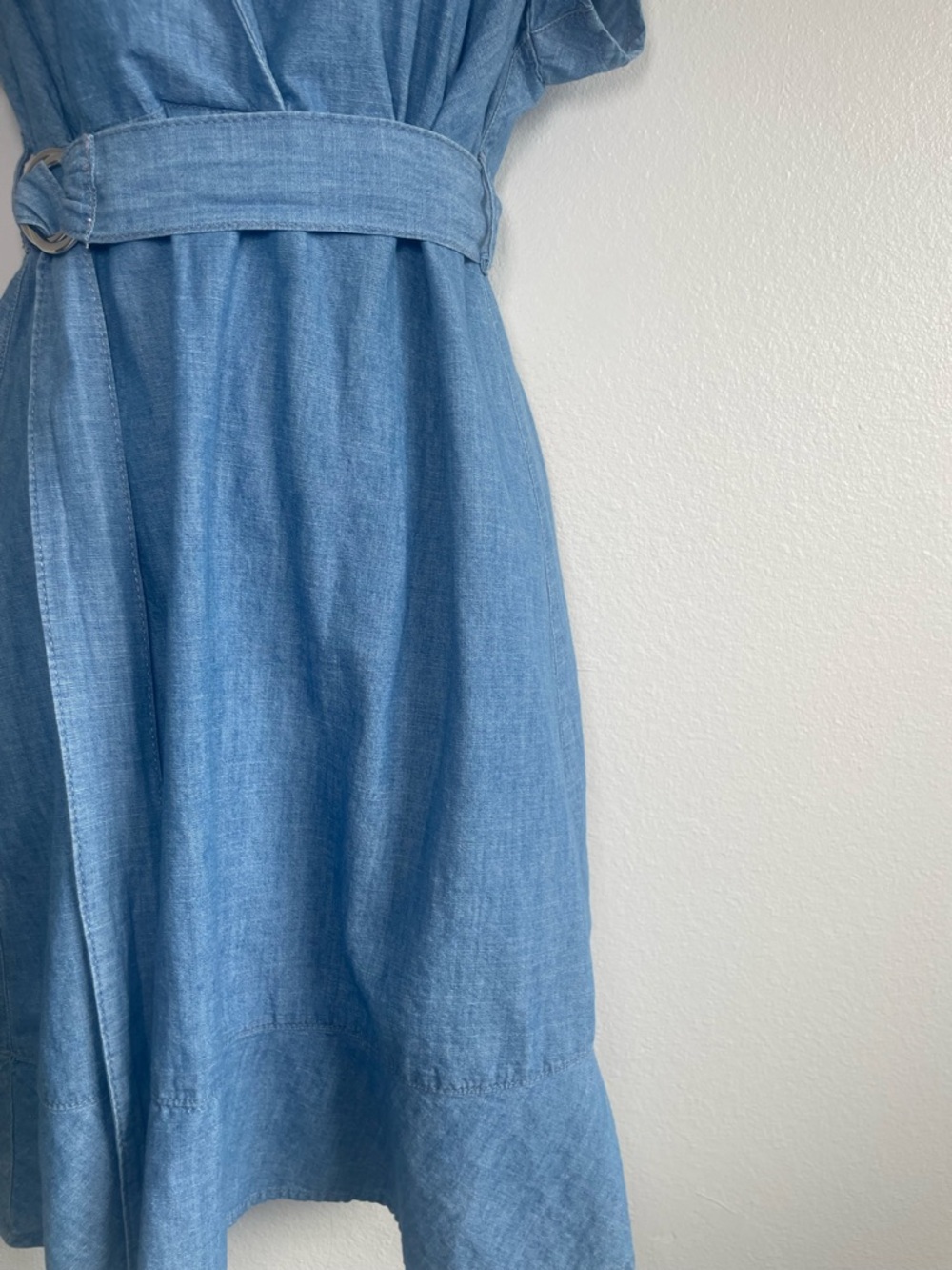 Topshop US 8 Chambray Denim Look Wrap Dress Flutter Sleeve Belted Midi Blue - Picture 5 of 11